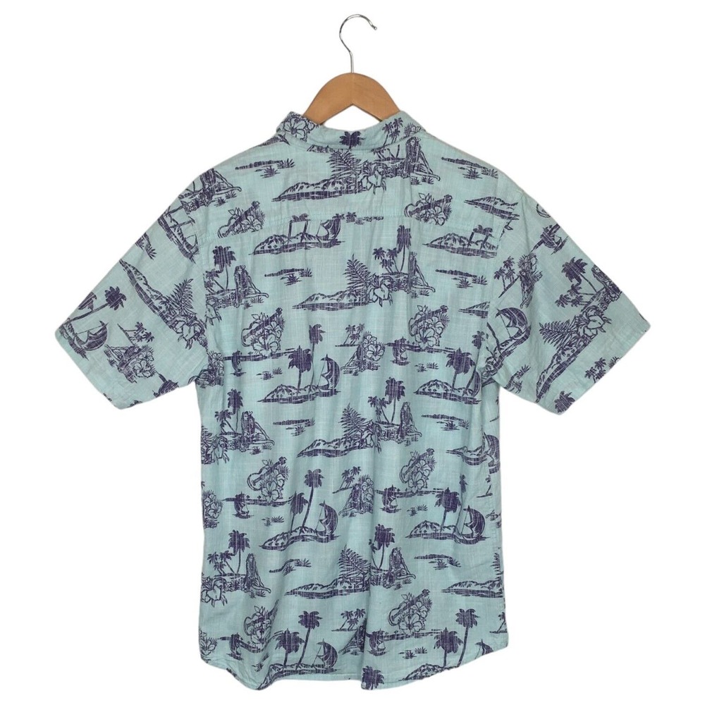 Rustic Blue Top Mens L Hawaiian Tropical Cotton Button Up Short Sleeves Blue - Picture 2 of 11